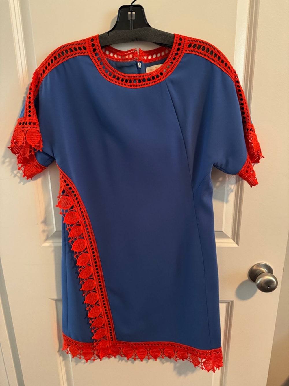 Tory Burch Marisa Blue Dress with Red Crochet Trim